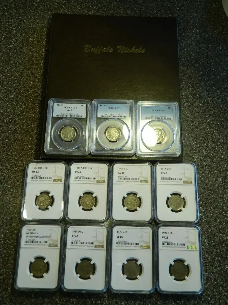 Buffalo Nickel set of 11 PCGS/NGC coins shows grade range for value comparison